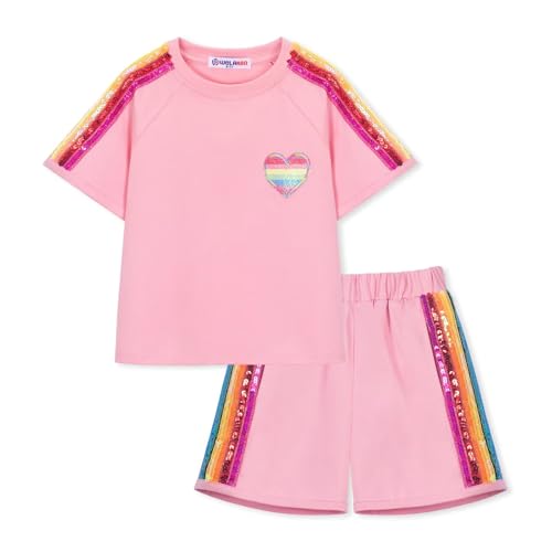 Image of WELAKEN Girls 2 Piece Outfit Kid Toddler Heart & Rainbow Sequin Striped T-shirt and Shorts Clothing Set