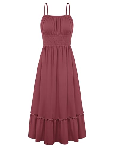 GRACE KARIN Women's Summer Maxi Dress 2026,Smocked Ruched Bust Sundress with Adjustable Straps & Pockets Brick Red XXL