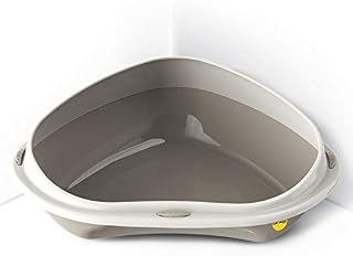 Grey Large Corner Cat Open Litter Tray With Rim Kitten Pet Toilet Plastic Loo Pan Box Anti-Spillage Lowered Entry Step Rounded Corners Detachable Rim Easy Cleaning No Spilling CatCentre®