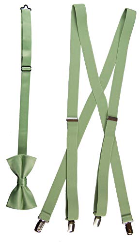 Bow Tie and Suspender Set Combo in Men’s & Kids Sizes (48  Mens, Celery)