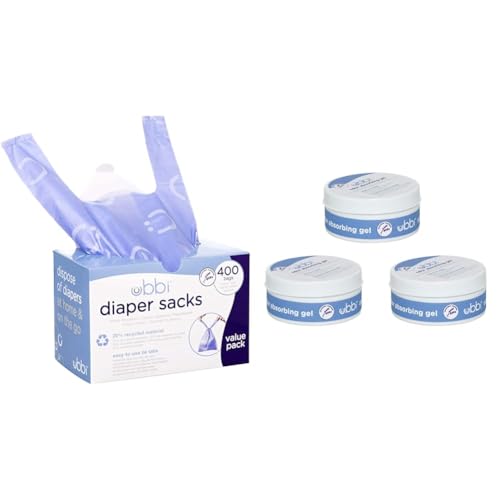 Ubbi Disposable Diaper Sacks, Lavender Scented, Easy-To-Tie Tabs, Diaper Disposal or Pet Waste Bags & Lavender Scented Absorbing Gel Value Pack - 3 Count Diaper Pail Odor Control for Baby Nursery
