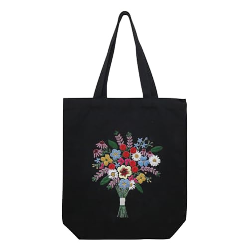 Image of Eforcase Canvas Handbag Embroidery Kit, Flower Embroidery DIY Craft Floral Tote Bag Beginner Kit Include Hoops Color Threads Needle, DIY Sewing Stamped Set