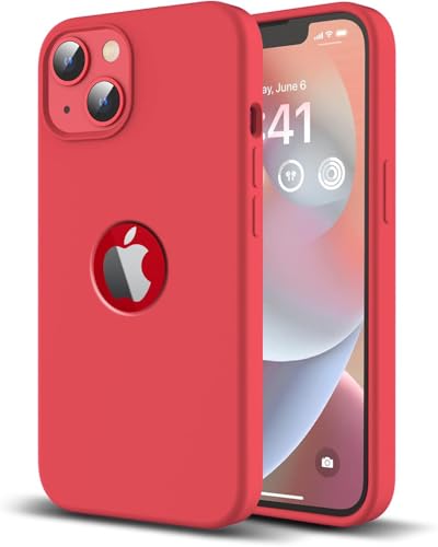 Image of VONZEE Microfiber Logo Cut Compatible for iPhone 13 Mini Case Liquid Silicone Cases Non-Slip Full Body 4 Layer Protectives Shockproof Back with High Raised Camera Lips (5.4 inch, Red)