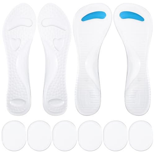 2 Pairs Gel Shoe Inserts Women Thickened Non-Slip Gel High Heel Cushion Insoles Women and 6 Pcs Gels Heel Pads 3/4 Clear Gels Insoles Washable Arch Support Shoe Pads for High Heels Sandal Flat Feet