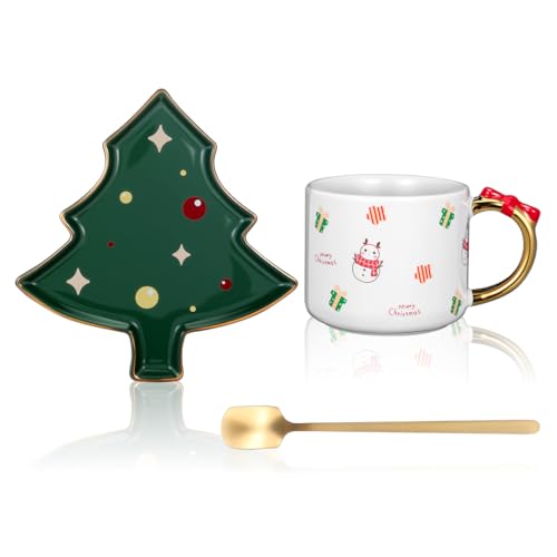 Healifty Mug with Christmas Tree Saucer: 3 PCS 8.12OZ Christmas Mug with Spoon - Festive Ceramic Tableware Range Present for Tea Coffee Cappuccino Espresso
