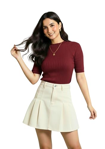 Image of Women Ribbed Knit Top | Solid Slim Fit Half Sleeve Top for Women | Stretchable Casual & Office Wear T-Shirt