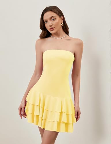 Image of Meladyan Women's 2025 Summer Strapless Tube Dress Sexy Off Shoulder Ruffle Tiered Flowy Mini Dresses Yellow