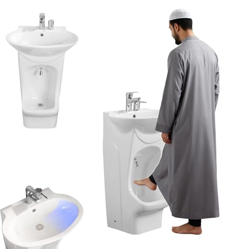 Vertical Ceramic Wash Basin,2 in 1 Muslim Ablution Basin with Dual Level Wash, Space Saving Pedestal Wash Station for Foot & Face Washing, Hand Washing, Face Washing, Foot Washing ﻿