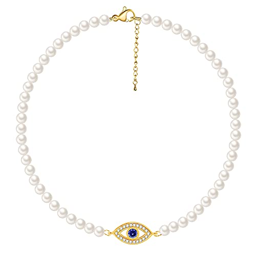 Hybedora White Simulated Shell Pearl Choker Necklace Strand|Wedding Pearl Necklace for Brides| Jewelry for Women| Lady Girlfriend Wedding Birthday Anniversary, Blue Evil Eye Pendant 1 - Lobster