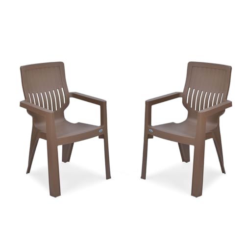 Image of Nilkamal Ortho Comfort Plastic Chair with Arm|Set of 2| 3 Year Warranty |Stackable Chair for Home, Living Room, Dining Room, Cafe & Balcony |Ergonomic Back Support |Indoor & Outdoor |Rattan Dark Beige