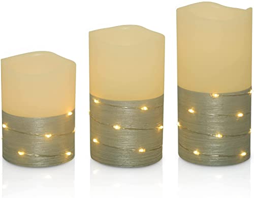 BeMoment Flameless Candles with Timer, Flickering Candles with Embedded Starlight String, 3 LED String Lights for Home Decor, Fireplace, and Events, Silver Accent (D 3