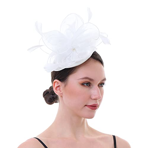 Fascinator Hat with Mesh Ribbon and Feathers Floral Headpiece with Headband and Clip for Tea Party Wedding (White)