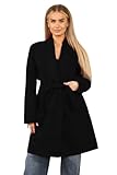 STAR FASHION Womens Italian Belted Coat Long Sleeves Open Front Tie Up Trench Coat Ladies Casual Jacket with Two Front Pockets Winter Wear Black-12-14