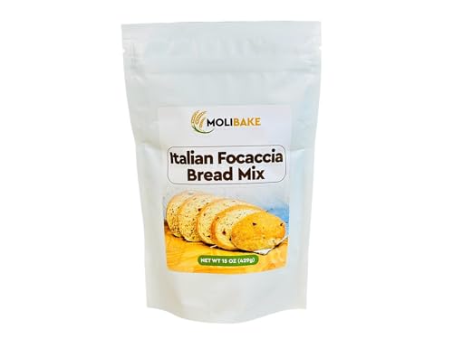 Molibake Italian Focaccia Bread Mix – Pack of 1, 15 oz – Artisan Mediterranean Style with Bell Pepper, Tomato, Onion, Garlic & Herbs
