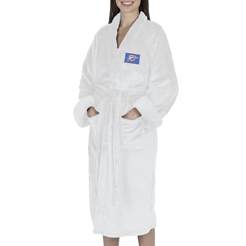 Northwest NBA Oklahoma City Thunder Silk Touch Bathrobe, Officially Licensed Fan Robe, Ultra-Soft Plush Polyester Lounge Wear with Shawl Collar, Belt & Pockets, Unisex, White, Large/X-Large
