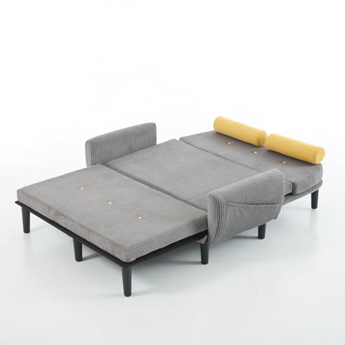 A ALFRESCOOL Sofa mit Schlaffunktion, Schlafsofa Klein, Cord Sofa 2 Sitzer, Kann als Sofa, Bett und Liegestuhl, Samtpolsterung für Wohnzimmer und Schlafzimmer, 180 * 128 * 53cm (Grau)