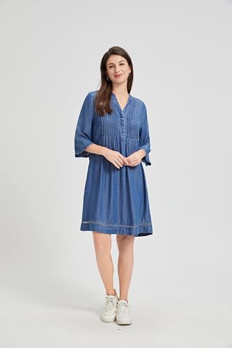 Image of KYAL Women's Denim Short Summer Dress V-Neck Mid-Sleeve Shift Casual Relaxed Beach Party Flowy Dress