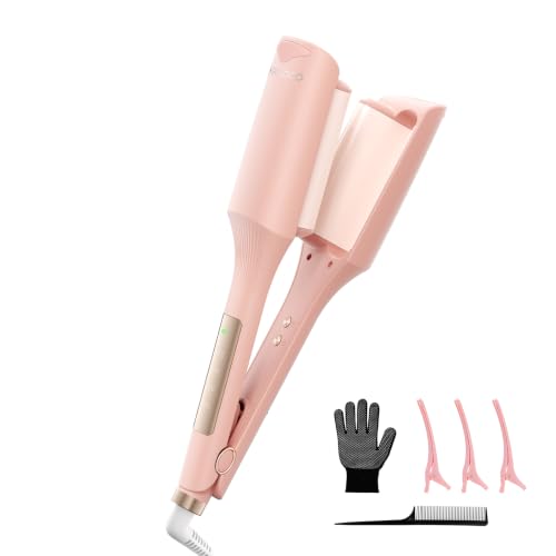 Modelador de Ondas para Cabelos 32 mm com Placas Duplo V,Bivolt Íons Negativos e Revestimento Cerâmico com Turmalina,4 Temperaturas e Visor Digital,GD057 Rosa