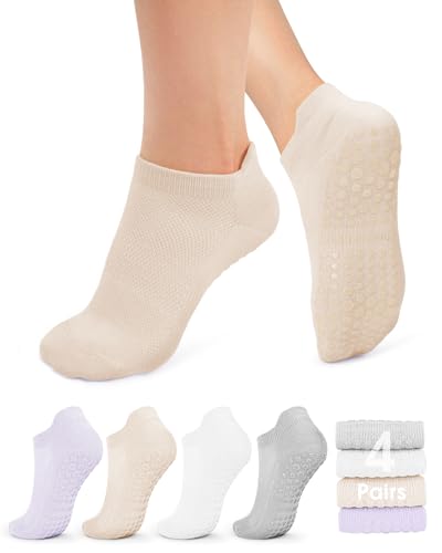 Image of yeuG 4 Pairs Non Slip Pilates Socks with Grips for Women, Crew Grip Socks for Yoga, Barre, Hospital, Barefoot Workout
