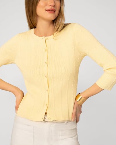Image of Cable & Gauge 3 /4 Sleeve Cardigan for Women, Crew Neckline & Button Down Front, Stitch Detail