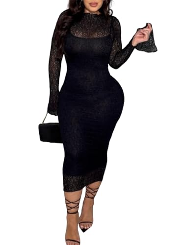 Uni Clau Womens Sexy Lace Dresses Long Sleeve See Through Bodycon Midi Dress 2 Piece Dress Set Birthday Date Night Outfit