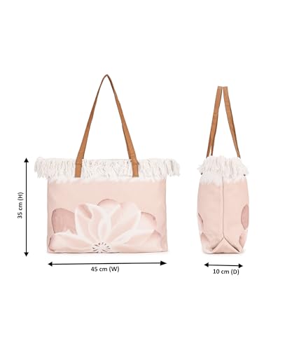 Image of GRECIILOOKS Eco Canvas Boho Tote Bag for Women, Spacious Jute Handbag with Faux Leather Straps, Frayed Edge & Floral Print, Lightweight Shoulder Bag for Beach Travel Shopping Work