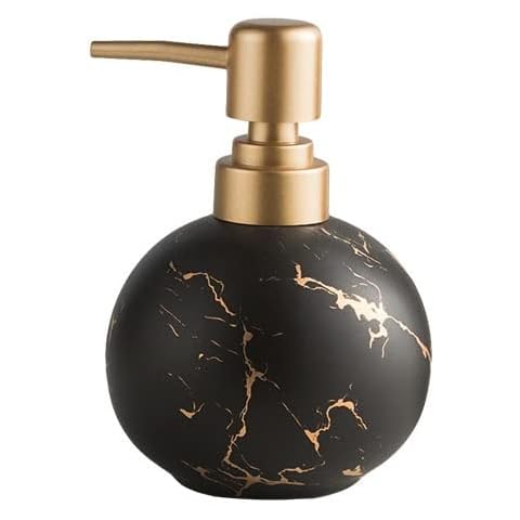 Gold Soap Dispenser for Bathroom or Kitchen, Cute Marble Round Ceramic Lotion Bottle, Rust-Free Pump(Black) Cover