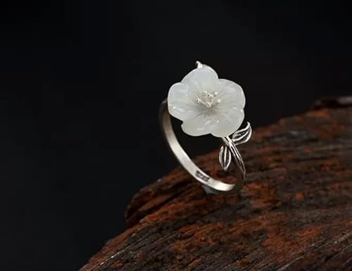 Bague jade blanc Hetian style bohème chic argent fleur de prunier réglable - 6