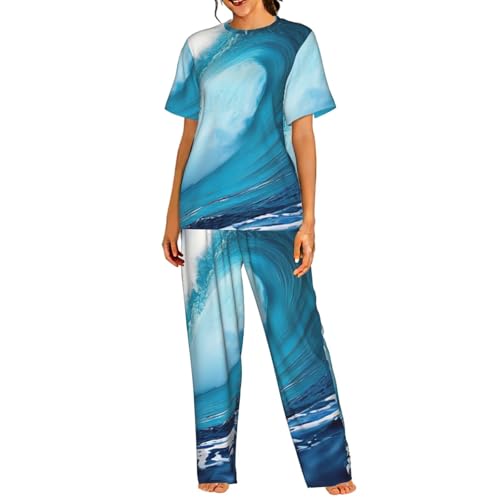 Pyjama court femme respirant et ultra léger ensemble nuit Big Ocean Wave