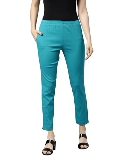 Image of MINELLI Women Solid Cigar Pants, Cotton Lycra Slub Fabric, Elasticated Waistband, Pull On Style, Regular Fit Bottom Wear for Western and Ethnic Wear