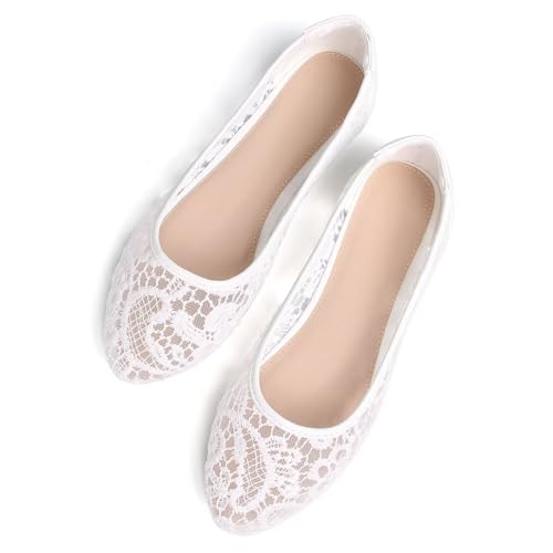 WENJIAZHIZHI Women's Ballets Flats Round Toe Foldable Lace Wedding Flats Comfortable Bridal Dressy Shoes3