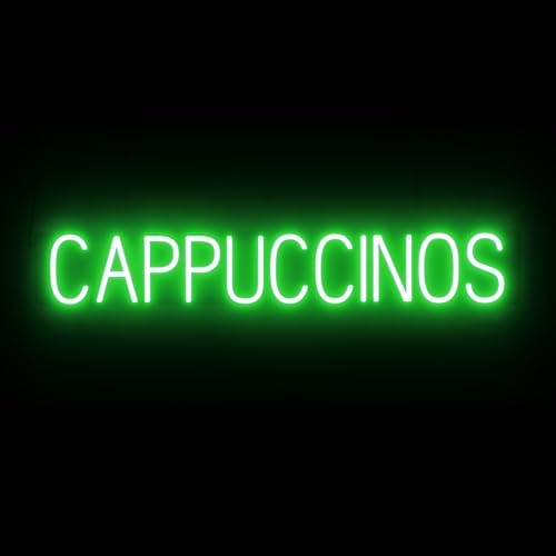 Image of SpellBrite LED Neon CAPPUCCINOS Sign for Business - Green, 41 inch x 6 inch | Ultra-Bright Click-Together Signage for Cafes, with Visibility from 500 Feet - 8 Animations, 6 Brightness Settings
