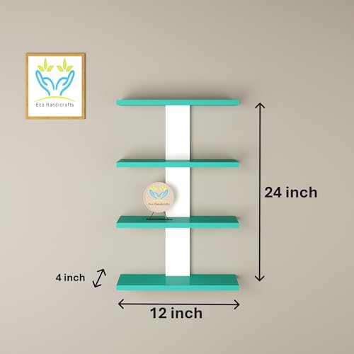Image of Wooden Wall Mounted Floating Rack Shelves Book Stand Display Hanging Shelf Living Room Bedroom Storage Home Office for Decoration Showcase (Cyan White)