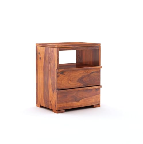 Image of Sheesham Wood Bedside End Table with 2 Drawers and Open Shelf Storage for Bedroom Living Room Wooden Furniture Side Table for Hotel Room Office (Honey Finish)