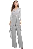 MarsRoad Long Sleeve Jumpsuits for Women Business Chiffon Lace Silver Cocktail Dresses for Women 2025 Wedding Guest Pantsuits US10