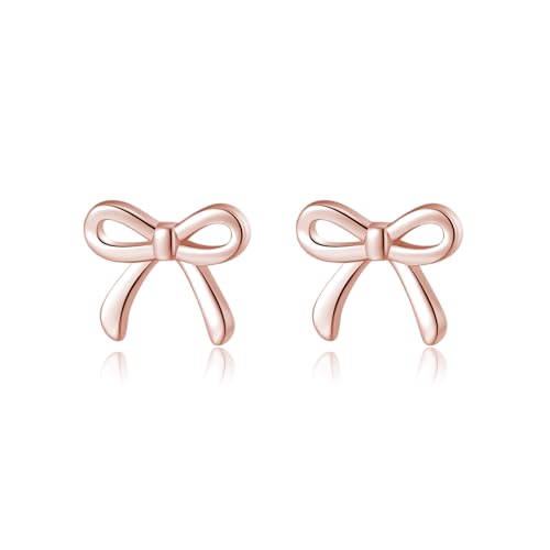 SLUYNZ Solid 925 Sterling Silver Tiny Bow Earrings Stud for Women Teen Girls Small Bowknot post Stud Earrings (C-Rose Gold Plated)