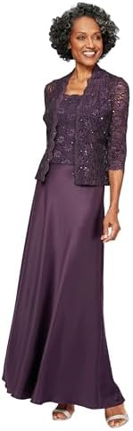 Petite Lace & Satin Gown with 3/4 Sleeve Scalloped Lace Jacket