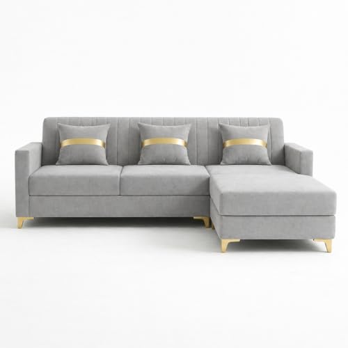 Image of CASASTYLE Groovy 4 Seater L Shape Sofa Set with Movable Ottoman | Flexible Left or Right Layout | Cozy Velvet Fabric | Soft Touch Seating | Modern Designer Sofa for Living Room (Light Grey)