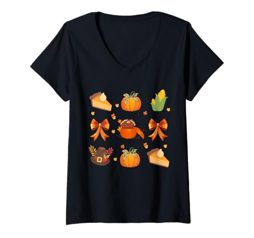 Womens Retro Thanksgiving Coquette Bow Turkey Pumpkin Pie Autumn V-Neck T-Shirt