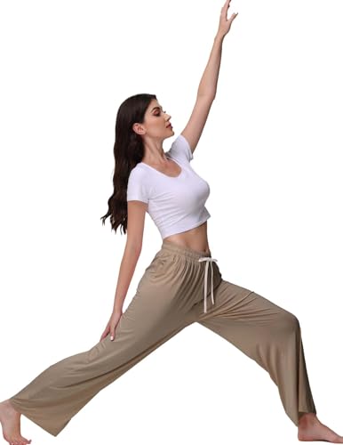 Image of Veseacky Women's Wide Leg Lounge Pants Yoga Pajamas Comfy Stretch Drawstring Pajamas Puls Size Dance Bottoms S-4XL
