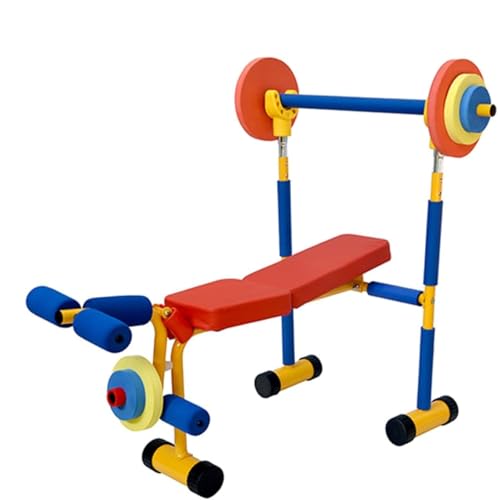 Banco de pesas ajustable y juego de pesas – Juguete de ejercicio seguro para niños, hogar y sala de juegos, equipo deportivo para edades de 6 a 9 años