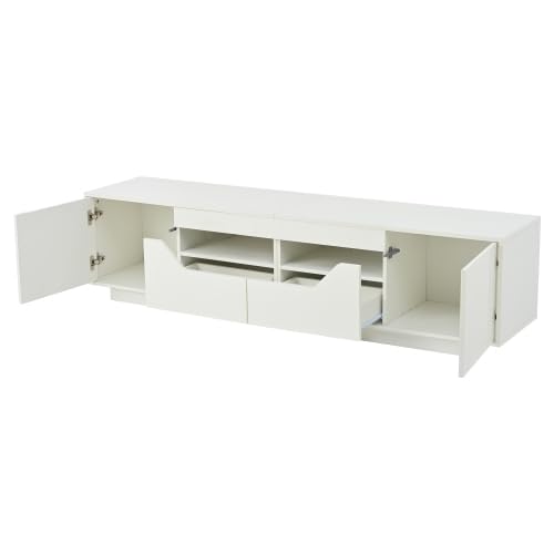 Mobile TV basso con 2 cassetti, 2 armadi, ripiani semiaperti, interruttori di rimbalzo, illuminazione controllata da app, superficie lucida per TV fino a 75", lunghezza 180 cm, colore bianco