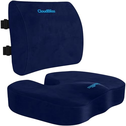 CloudBliss Seat Cushion,Office Chair Cushions,Car Seat Cushion,Lumbar Support Pillow for Office Chair,Back Support Memory Foam Pillow Coccyx Cushion for Tailbone Pain,Sciatica & Back Pain Relief -Blue