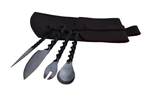 Viking Traders Hand Forged Twisted Medieval Eating Utensil Set | Functional Fork Knife Spoon And Food Stick | Medieval Eating Set, With Genuine Leather Carrying Pouch - Set 4