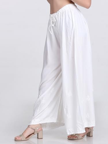 Image of Khaka Women's Lucknowi Chikankari Handwork Cotton Palazzo | Soft Cotton Fabric | Free Size Fits Waist 26-46 Inches | White