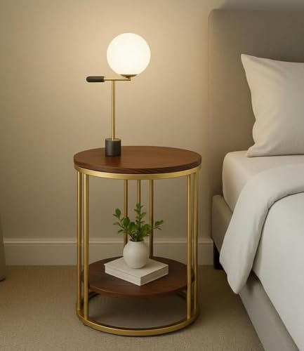Image of 2 Tier Round Coffee Table with Storage Shelf | MDF Wooden Faux Marble Pattern Top Gold Metal Frame | Side Table, Bedside Nightstand for Living Room Bedroom Balcony Office | Brown Gold (54x40cm)
