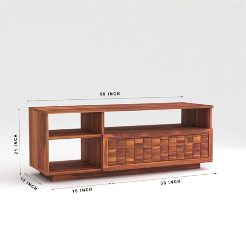 Image of Solid Sheesham Wood TV Unit for Living Room 55 Inch Furniture - Wooden TV Unit with Storage Cabinet with Drawer, 3 Shelves Wooden TV Cabinet - Accommodates up to 55-Inch TV (Asher, Honey)
