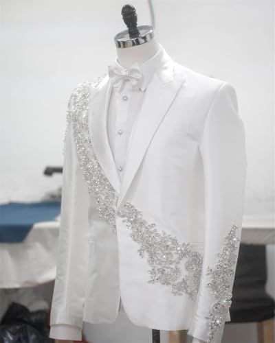 Men's Applique Suit White Satin 2 Piece Slim Fit Luxury Diamond Floral Tuxedo Prom Suits for Wedding Party Prom2