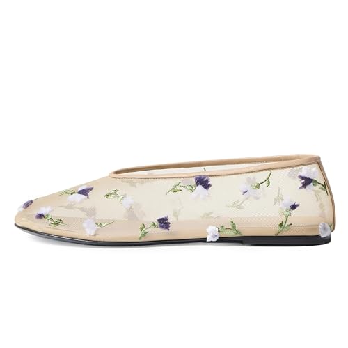 Women Mesh Ballet Flats Rhinestone Breathable Mesh Flats Slip On Ballerina Shoes Embroidered Floral Comfortable Casual Dress Shoes Purple Embroidery Size 8.5