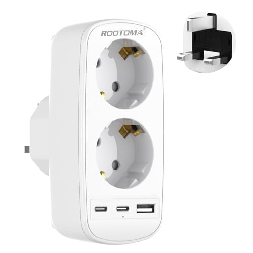 Adaptador Enchufe UK, Adaptador Enchufe Europeo/Español a Reino Unido con 1 USB A y 2 USB C, Tipo G Plug para Ingles, Inglaterra, Londres, Irlanda, Escocia, 13A/3250W